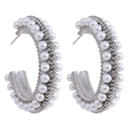 Yhpup Elegant Imitation Pearls Stainless Steel C Shape Geometric Hoop Huggie Earrings Vintage Metal Charm Stylish Jewelry Bijoux