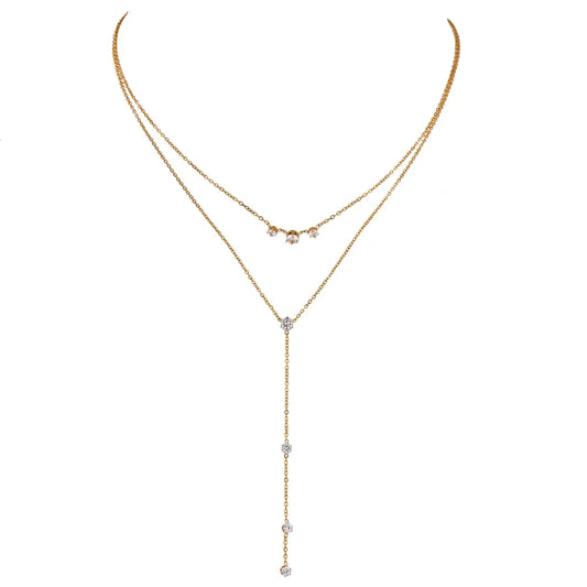 Yhpup Exquisite Bling Cubic Zirconia Layered Long Pendant Necklace Women 18 K Stainless Steel Chain Choker Necklace Accessories