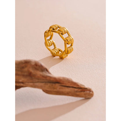 Yhpup Individualistic Stainless Steel Chain Hollow Ring Water Resistant Metal Statement Gold Color Charm Finger Jewelry New