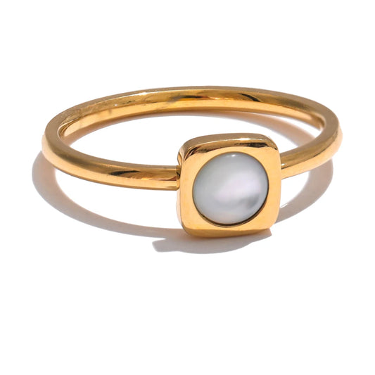 Yhpup Natural Shell Square Thin Fashion Ring 316L Stainless Steel Gold Color Charm Chic Jewelry 18K PVD Plated Waterproof