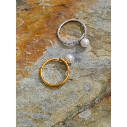 Yhpup Korean Style Imitation Pearls Chic Zirconia Thin Ring for Women Stainless Steel High Quality Fashion Finger Jewelry Gift