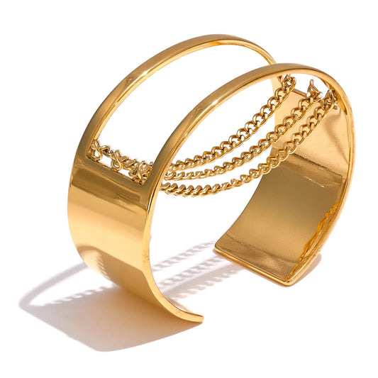 Yhpup Statement Stainless Steel Hollow Chain Wide Adjustable Bracelet Bangle Waterproof Gold Color High Quality Jewelry New
