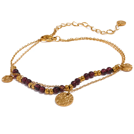 Yhpup Stainless Steel Layered Summer Anklet Chic Stylish Jewelry Fashion Natural Garnet Stone Beads Handmade Chain Women