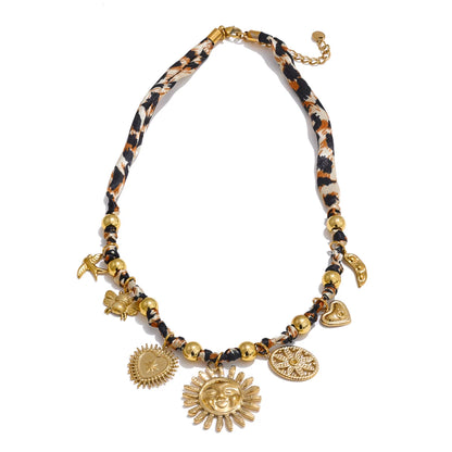 Yhpup Popular Stainless Steel Leopard Polyester Sun Flower Heart Insect Drop Collar Necklace 18K PVD Plated Fashion Jewelry Gift