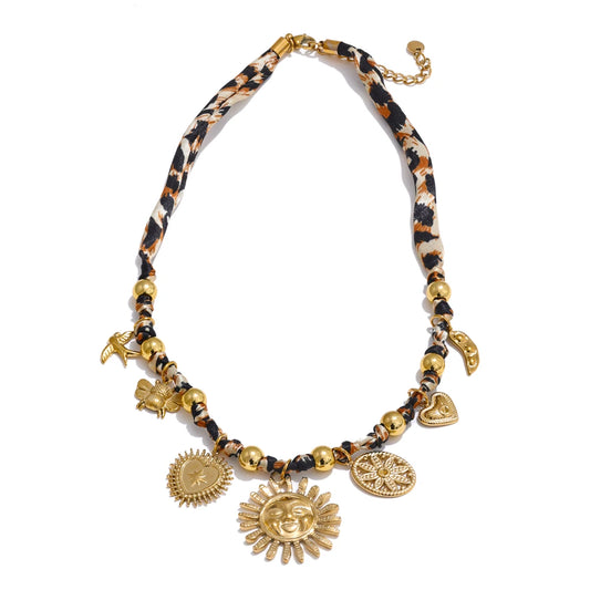 Yhpup Popular Stainless Steel Leopard Polyester Sun Flower Heart Insect Drop Collar Necklace 18K PVD Plated Fashion Jewelry Gift
