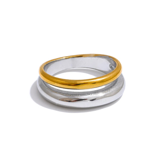 Yhpup 6789# Statement Stainless Steel Metal Double Color Geometric Casting Ring for Women Water Resistant Trendy Jewelry Gift