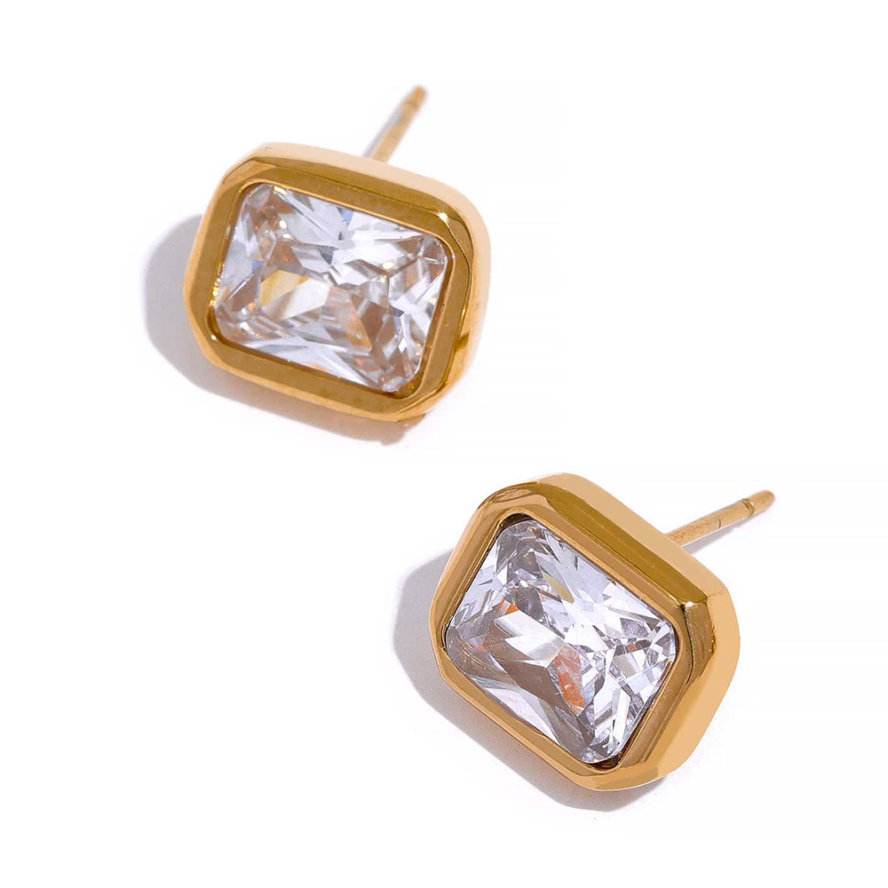 Yhpup Square Geometric White Green Cubic Zirconia CZ Bling Stud Earrings Stainess Steel Waterproof Charm Women Basic Jewelry