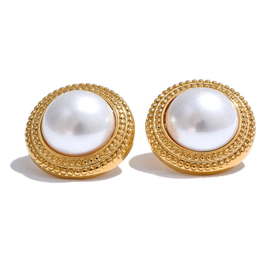 Yhpup Korean Imitation Pearls Round Stud Earrings Anti Allergic Elegant Classic Daily Fashion Gold & Platinum PVD Plated Jewelry