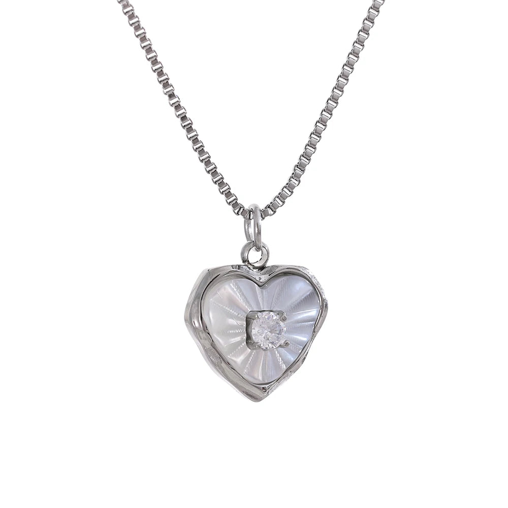 Yhpup Fashion Natural Shell Zircon Heart Love Necklace Chic Pendant Delicate Stainless Steel Stylish Valentine's Jewelry Gift