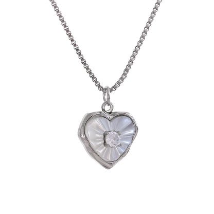 Yhpup Fashion Natural Shell Zircon Heart Love Necklace Chic Pendant Delicate Stainless Steel Stylish Valentine's Jewelry Gift