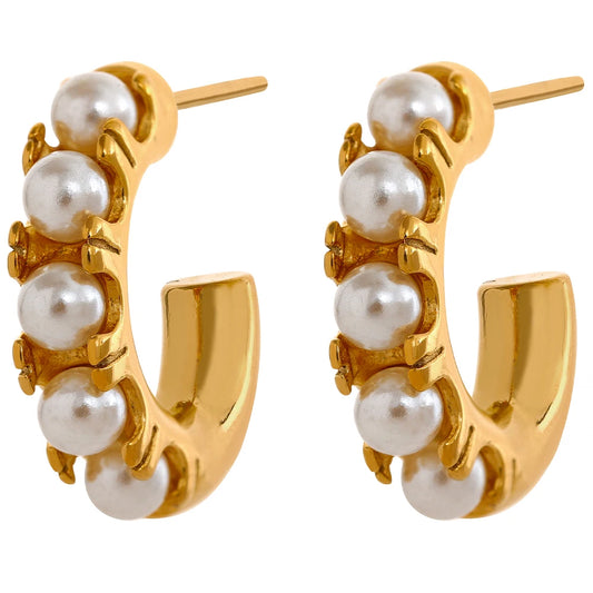 Yhpup Elegant Imitation Pearls Geometric Stainless Steel 18K Gold Plated Hoop Earrings Fashion Waterproof Delicate Jewelry Women