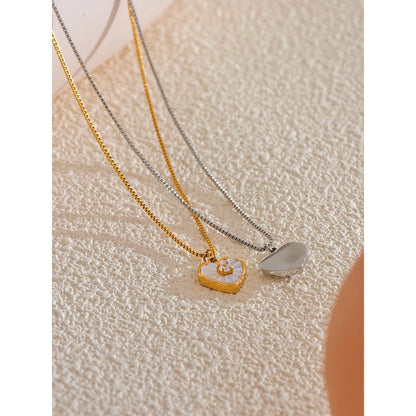 Yhpup Fashion Natural Shell Zircon Heart Love Necklace Chic Pendant Delicate Stainless Steel Stylish Valentine's Jewelry Gift