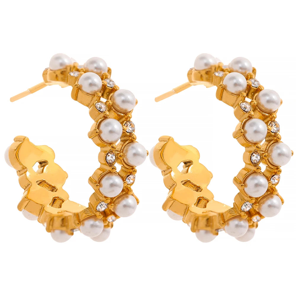Yhpup Gorgeous Fashion Imitation Pearls C Shape Stainless Steel Chic Hoop Earrings 18K Gold Plated Elegant CZ Charm Jewelry Gift