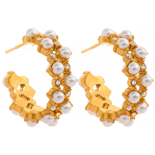 Yhpup Gorgeous Fashion Imitation Pearls C Shape Stainless Steel Chic Hoop Earrings 18K Gold Plated Elegant CZ Charm Jewelry Gift