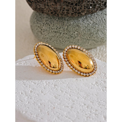 Yhpup Shiny Cubic Zirconia Smooth Metal Oval Stud Earrings 316L Stainless Steel Fashion Jewelry Prevent Allergy