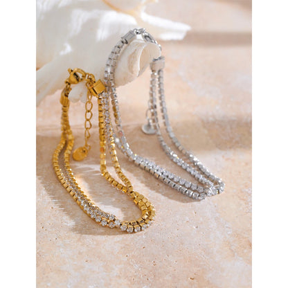 Yhpup Stainless Steel Shiny Cubic Zirconia Bracelet with Extended Chain Adjustable Wrist Gold Platinum Color Jewelry Waterproof