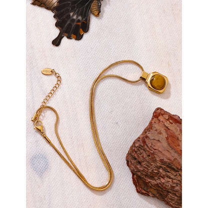 Yhpup High Quality Natural Tiger Stone Square Pendant Necklace Rust Proof Gold Color Fashion Collar Versatile Jewelry Gift
