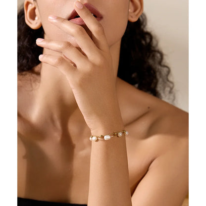 Yhpup Natural Pearls Double Layer Chain Stainless Steel Charm Bracelet Bangle Women Stylish Summer Jewelry Waterproof