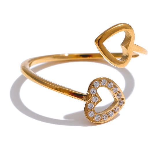 Yhpup Gold & Platinum PVD Plated Stainless Steel Open Adjustable Ring Heart Hollow Fashion Chic Finger Accessories for Women