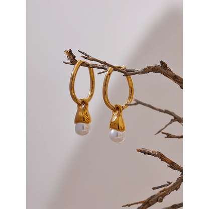 Yhpup Removable Stainless Steel Geometric Imitation Pearls Drop Hoop Earrings Gold Color Fashion Elegant Daily Jewelry for Women