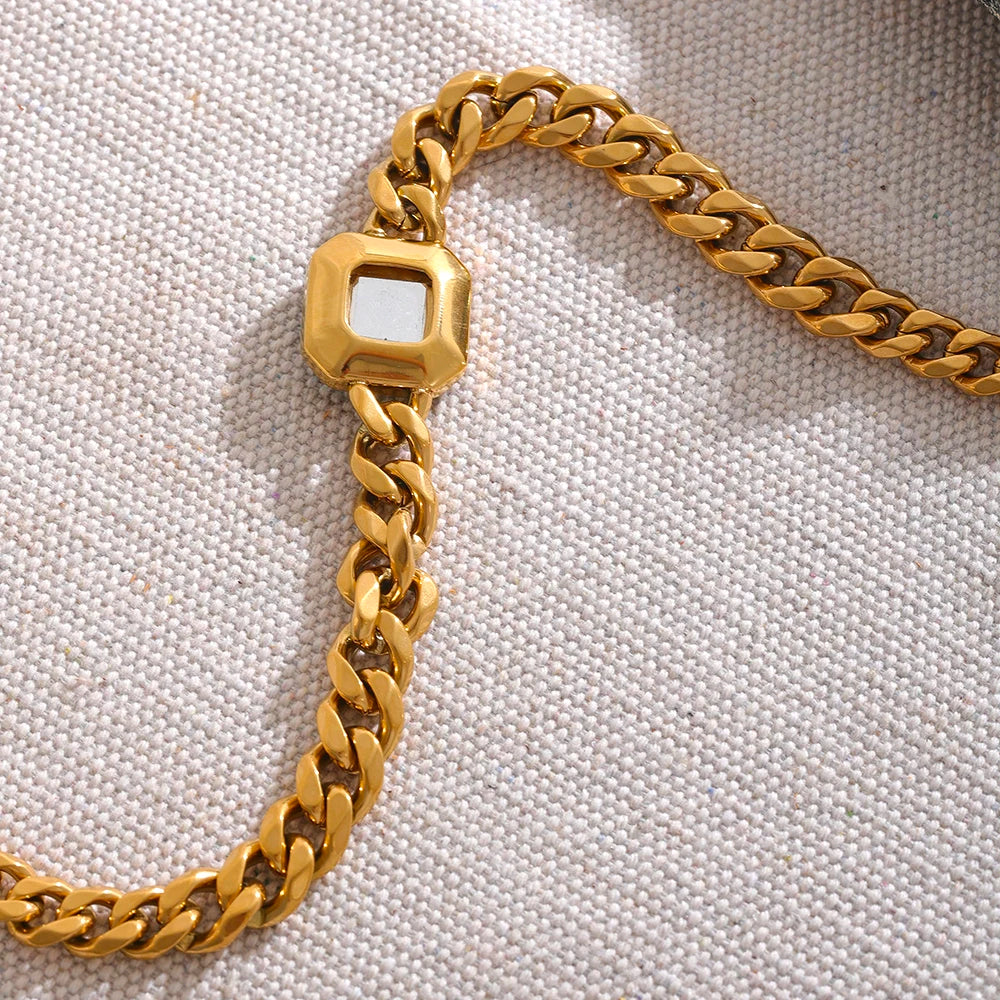 Yhpup Hyperbolic Gold Color Thick Cuban Chain Green Crystal Metal Texture Stainless Steel Statement Necklace Fashion Jewelry