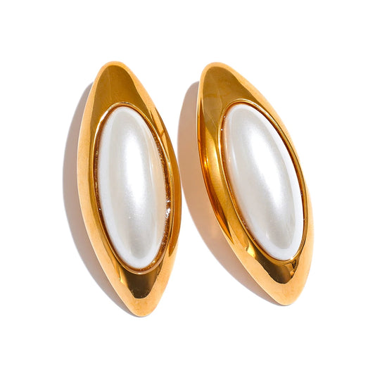 Yhpup Exclusive Elegant Imitation Pearls Oval Golden Big Stud Earrings Women Handsome Stainless Steel Temperament Jewelry