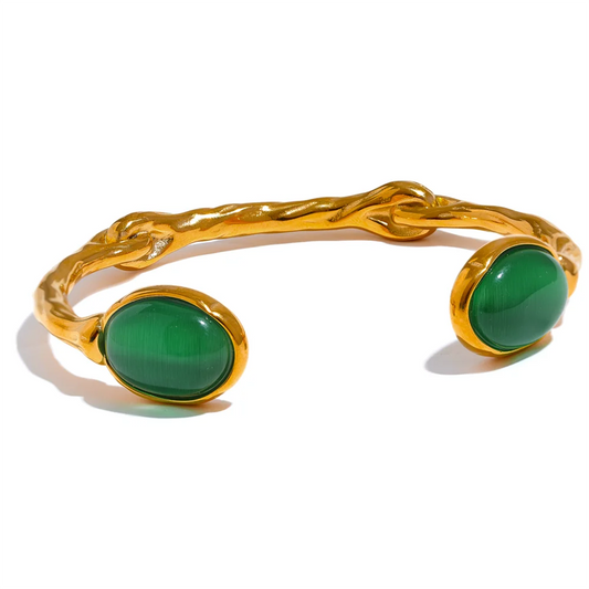 Yhpup Green Natural Stone Stainless Steel Gold Color Cuff Bracelet Bangle Women High Quality Textured Stylish Statement Jewelry