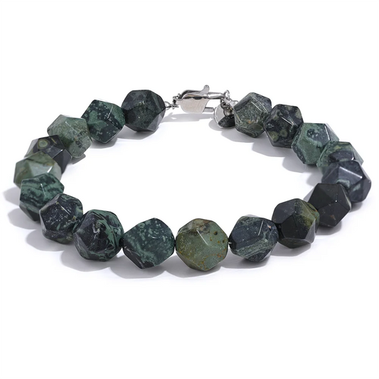 Yhpup 8# 10# Natural Malachite Cub Stone Beads Chain Handmade Bracelet Bangle Stainless Steel Men Women Unisex Health Jewelry