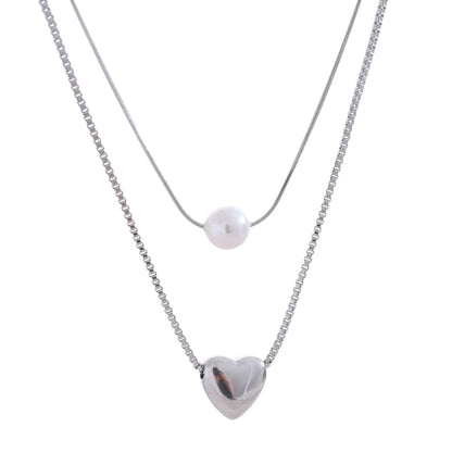 Yhpup Fashion Stainless Steel Double-Layer Chain Heart Imitation Pearl Pendant Stacking Necklace for Women Rust Proof Jewelry