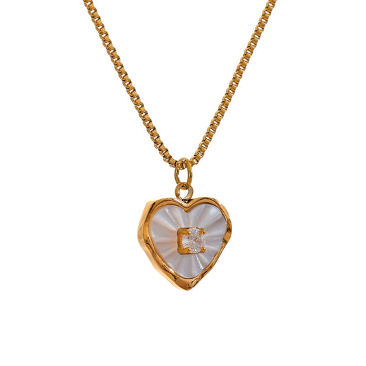 Yhpup Fashion Natural Shell Zircon Heart Love Necklace Chic Pendant Delicate Stainless Steel Stylish Valentine's Jewelry Gift