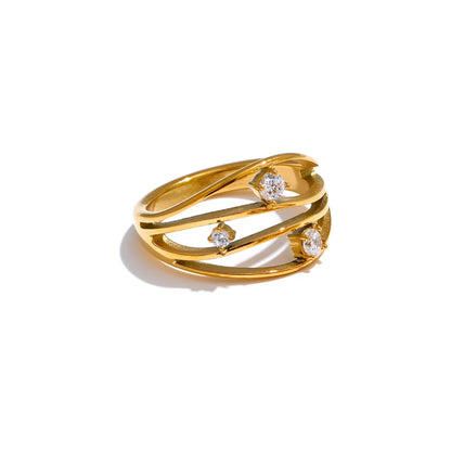 Yhpup 2 Style Stainless Steel Casting Metal Hollow Inlaid Cubic Zirconia Fashion Ring 18k Gold PVD Plated Trendy Finger Jewelry