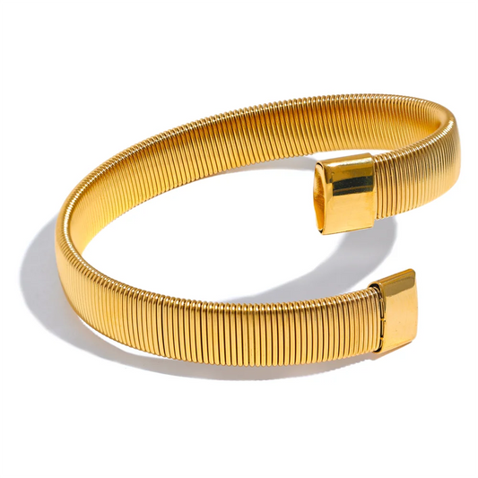 Yhpup 316L Stainless Steel Metal Wide Cuban Chain Cuff Bracelet Bangle Waterproof Statement Texture 18K PVD Plated Jewelry