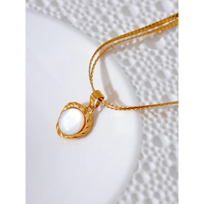 Yhpup Stylish Natural Shell Round Chic Pendant Necklace Water Resistant Stainless Steel Elegant Chain Temperament Jewelry Gift