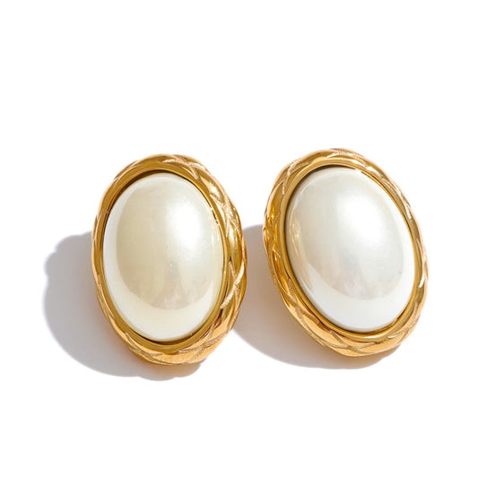 Yhpup Korean Style Yellow Simulated Pearl Oval Stud Earrings for Women Stainless Steel 18K PVD Plated Daily Fashion Jewelry Gift