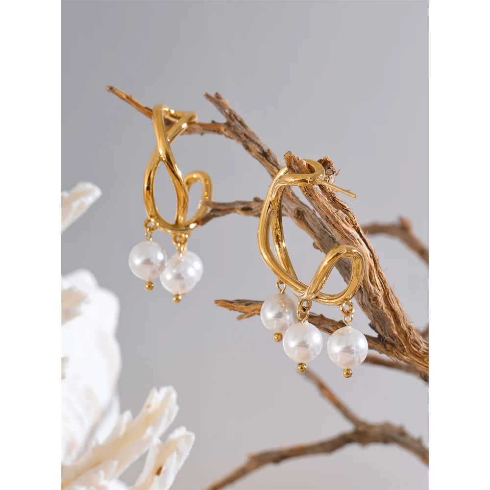 Yhpup Stylish Unique Simulated Pearls Geometric Huggie Earrings Korean Style Stainless Steel Temperament Trendy Jewelry Gift