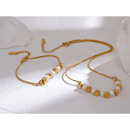 Yhpup Natural Freshwater Pearl Stainless Steel Beads Chain Necklace Bracelet Bangle Gold Color Vintage Handmade Jewelry Women