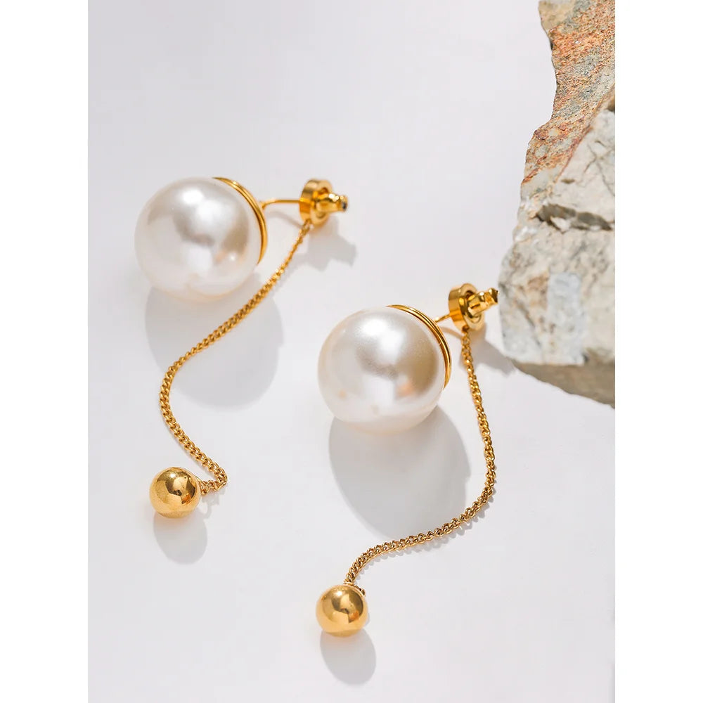 Yhpup Korean Imitation Pearls Chain Long Drop Stainless Steel Earrings Temperament Geometric Fashion Chic Party Jewelry Women