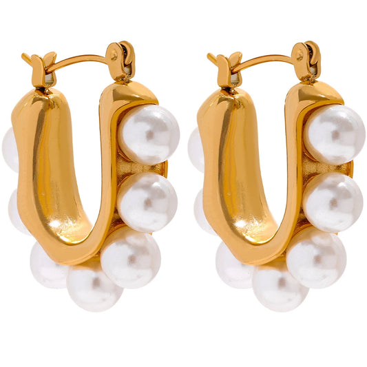Yhpup Elegant Imitation Pearls Geometric Stainless Steel Huggie Hoop Earrings 18K Gold Color Waterproof Charm Trendy Jewelry