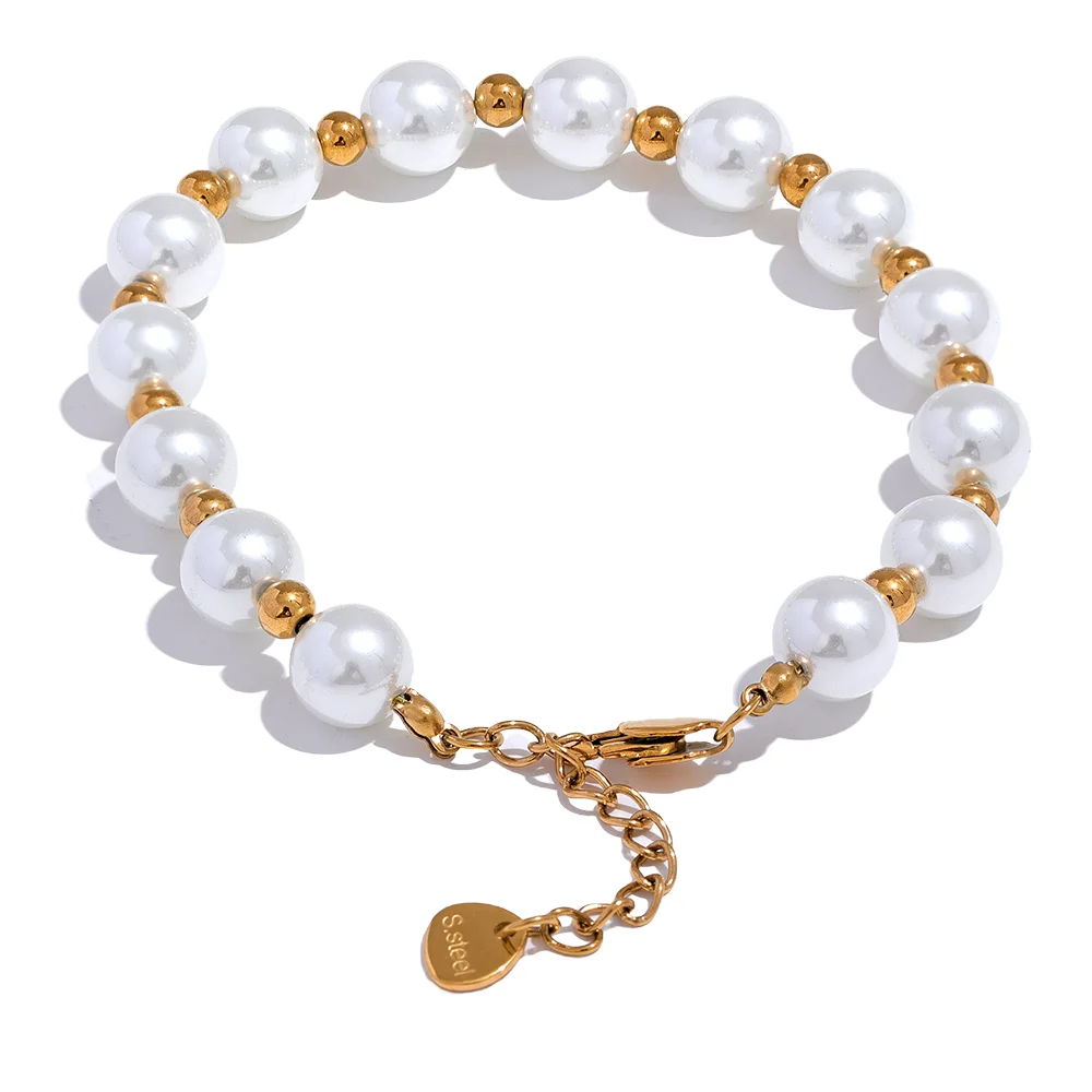 Yhpup Japan Imitation Pearls Handmade Chain Bracelet Bangle Stainless Steel Bead Elegant Stylish Korean Trend Jewelry Waterproof