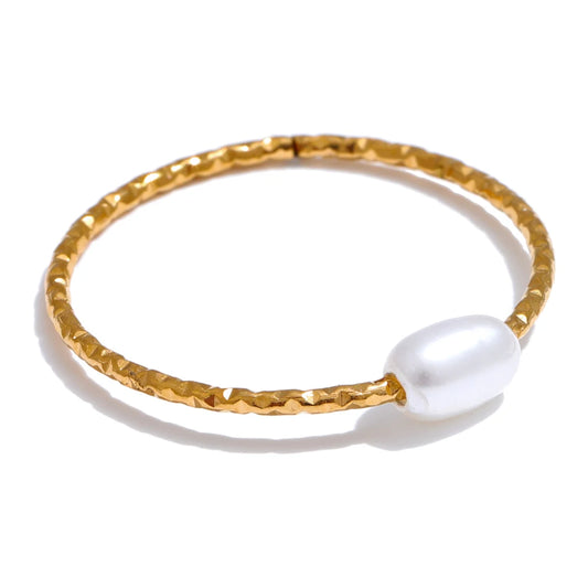 Yhpup Trendy Stainless Steel Natural Pearl Thin Finger Ring for Women Summer Versatile Daily Jewelry Accessories Gift