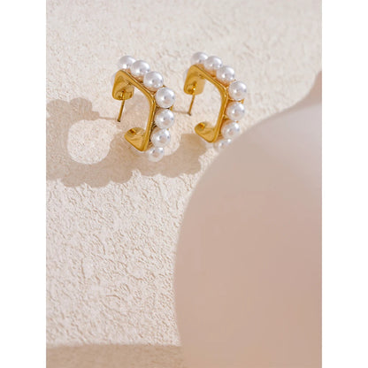 Yhpup Fashion Imitation Pearls 316L Stainless Steel Square Geometric Huggie Earrings Exquisite Korean Jewelry серьги тренд