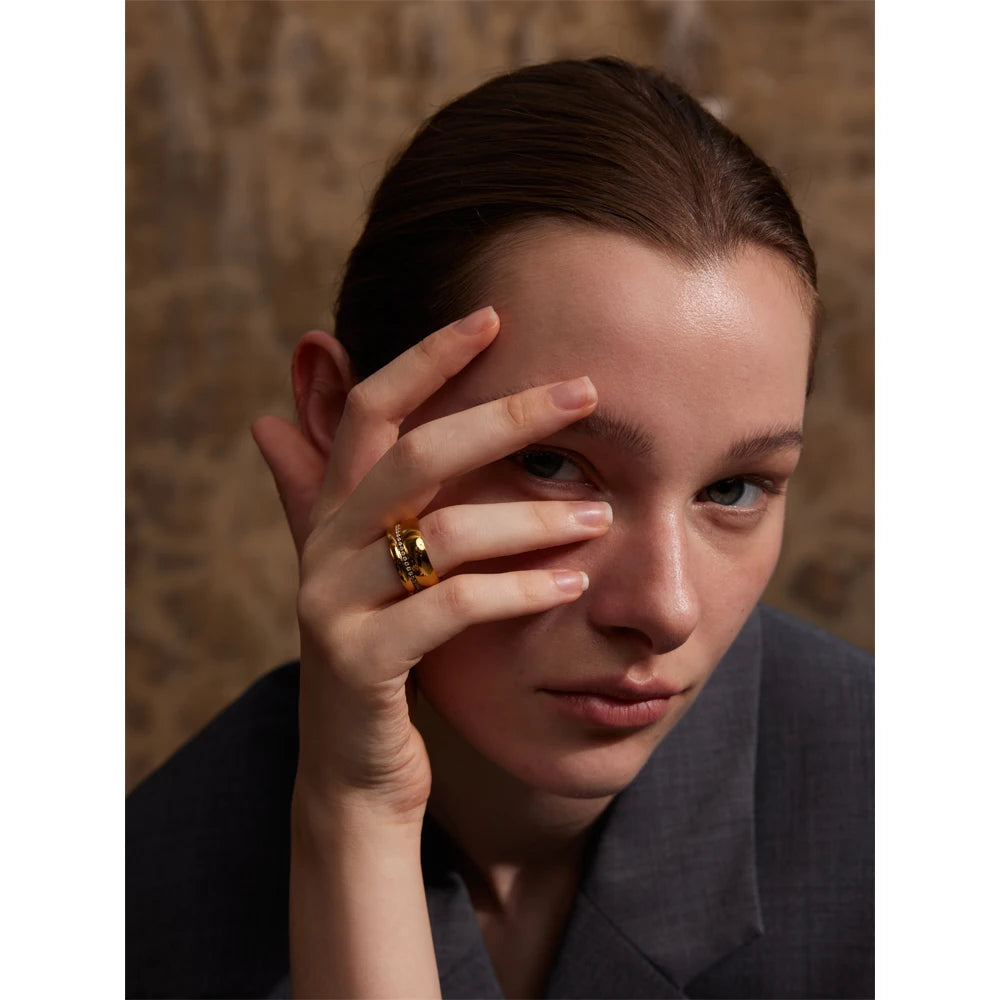 Yhpup Stylish Stainless Steel Round Cubic Zirconia Wide Ring 18K PVD Gold Color Plated Temperament Jewelry