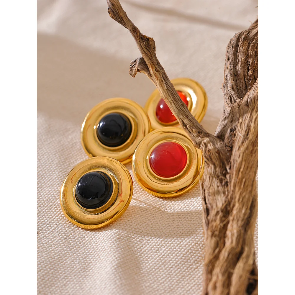 Yhpup Red Black Natural Stone Stainless Steel Round Stud Earrings for Women Gold Color Fashion Statement Jewelry Waterproof Gift