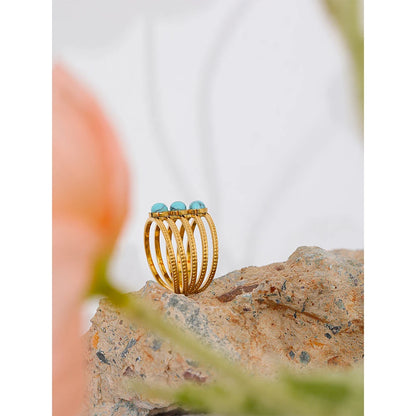 Yhpup Natural Turquoise Stone Stainless Steel Ring Summer Bohemia Woman Jewelry  Trendy Cheap Open Finger Ring Accessory