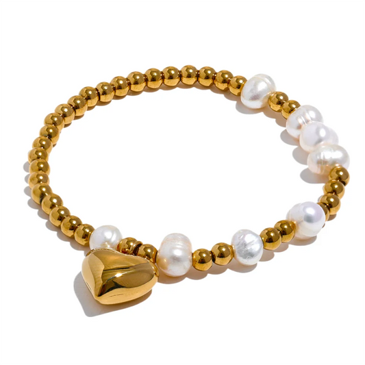 Yhpup Stainless Steel Natural Pearl Round Beads Chain Drop Heart Elastic Bracelet Bangle High-Grade Fashion Women Jewelry Bijoux