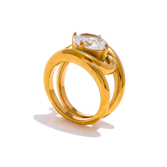 Yhpup Shiny AAA Cubic Zirconia Stainless Steel Gold Color PVD Plated Ring Temperament Fashion Women Fashion Finger Jewelry Gift