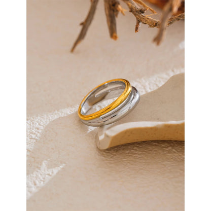 Yhpup 6789# Statement Stainless Steel Metal Double Color Geometric Casting Ring for Women Water Resistant Trendy Jewelry Gift