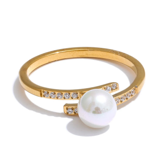 Yhpup Korean Style Imitation Pearls Chic Zirconia Thin Ring for Women Stainless Steel High Quality Fashion Finger Jewelry Gift