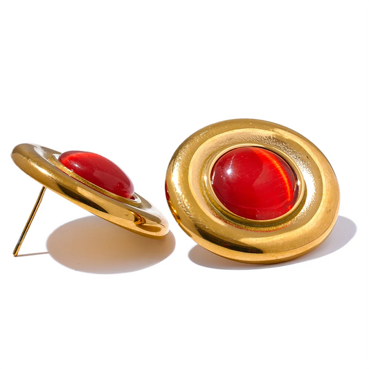 Yhpup Red Black Natural Stone Stainless Steel Round Stud Earrings for Women Gold Color Fashion Statement Jewelry Waterproof Gift