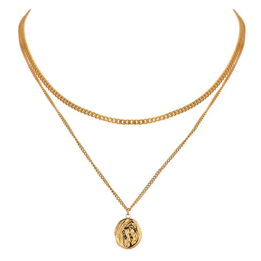 Yhpup 316L Stainless Steel Layered Necklace Women Jewelry Statement Metal Texture Geometric Pendant Bijoux Femme Waterproof